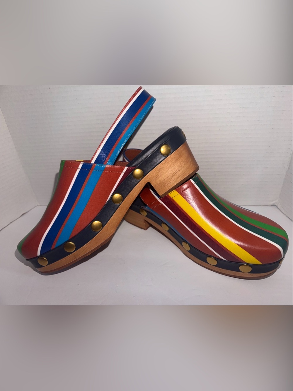 Charlotte Stone Jona Kite Stripe MultiColor Wood Platform Slingback Clog Size 12
